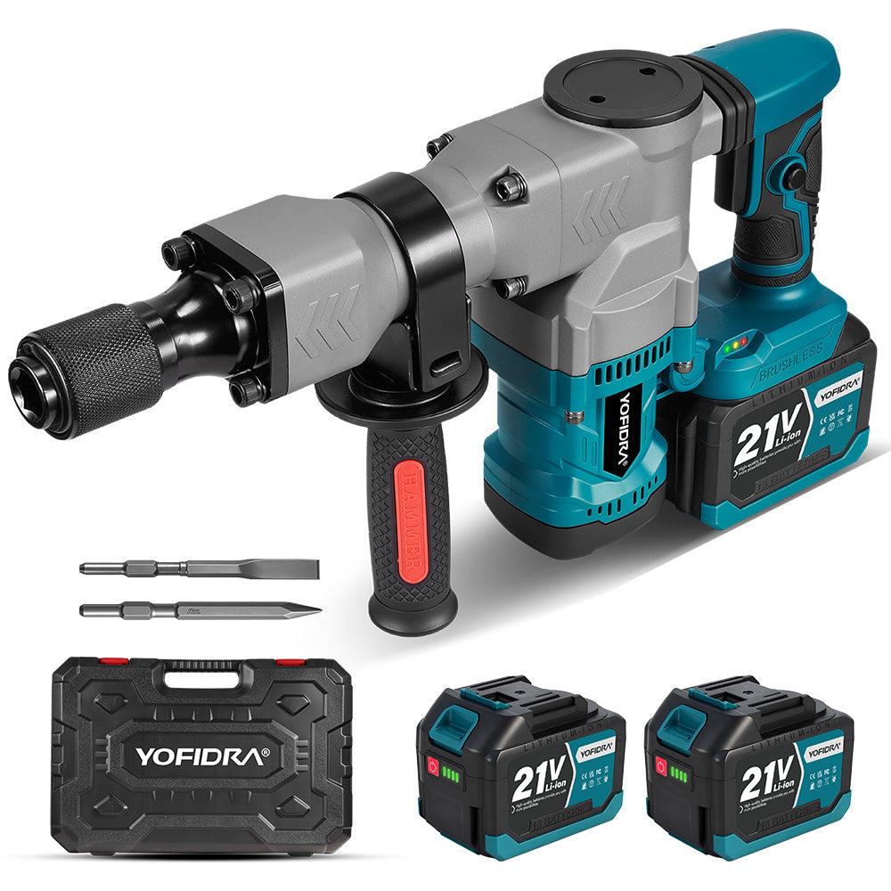YOFIDRA Brushless Demolition Hammer with 17×280 Chisels, Anti-Vibration, Compatible with Makita 18V Battery